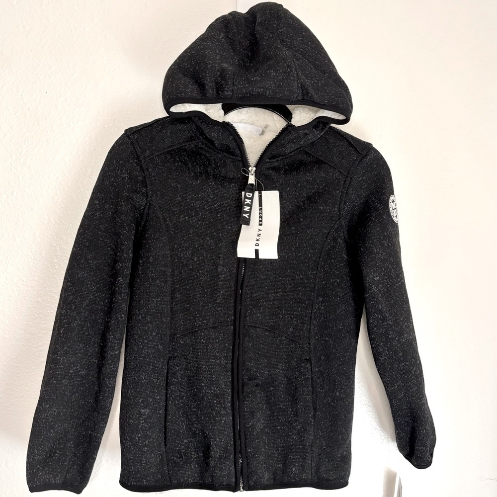 NWT DKNY Youth Girls Jacket Hoodie Sherpa Lined Black Sz 14/16